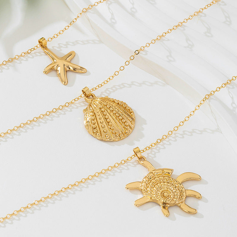 Beach Artificial Pearl Starfish Shell Necklace For Women Vintage Vacation Jewelry Zinc Alloy Beaded Necklace Vacation Accessories