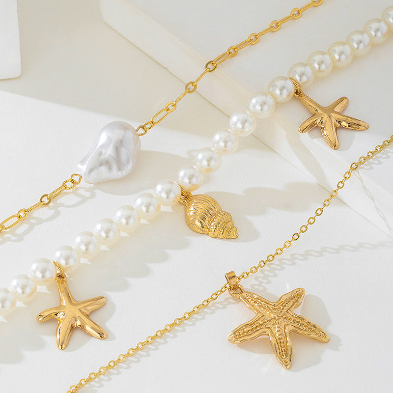 Beach Artificial Pearl Starfish Shell Necklace For Women Vintage Vacation Jewelry Zinc Alloy Beaded Necklace Vacation Accessories
