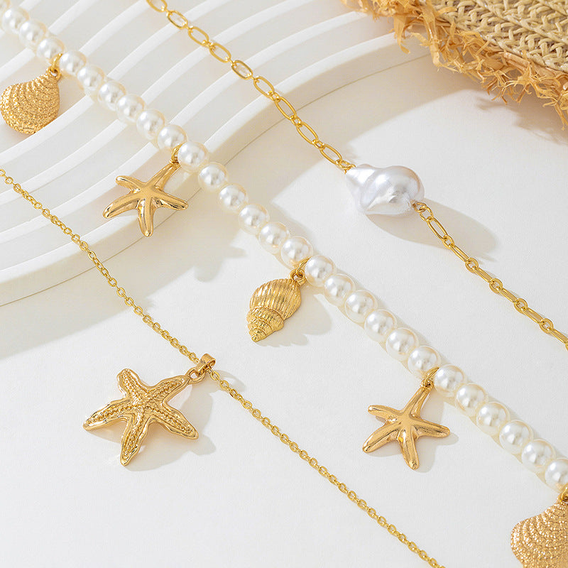 Beach Artificial Pearl Starfish Shell Necklace For Women Vintage Vacation Jewelry Zinc Alloy Beaded Necklace Vacation Accessories