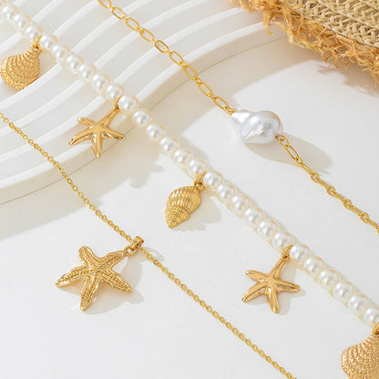 Beach Artificial Pearl Starfish Shell Necklace For Women Vintage Vacation Jewelry Zinc Alloy Beaded Necklace Vacation Accessories
