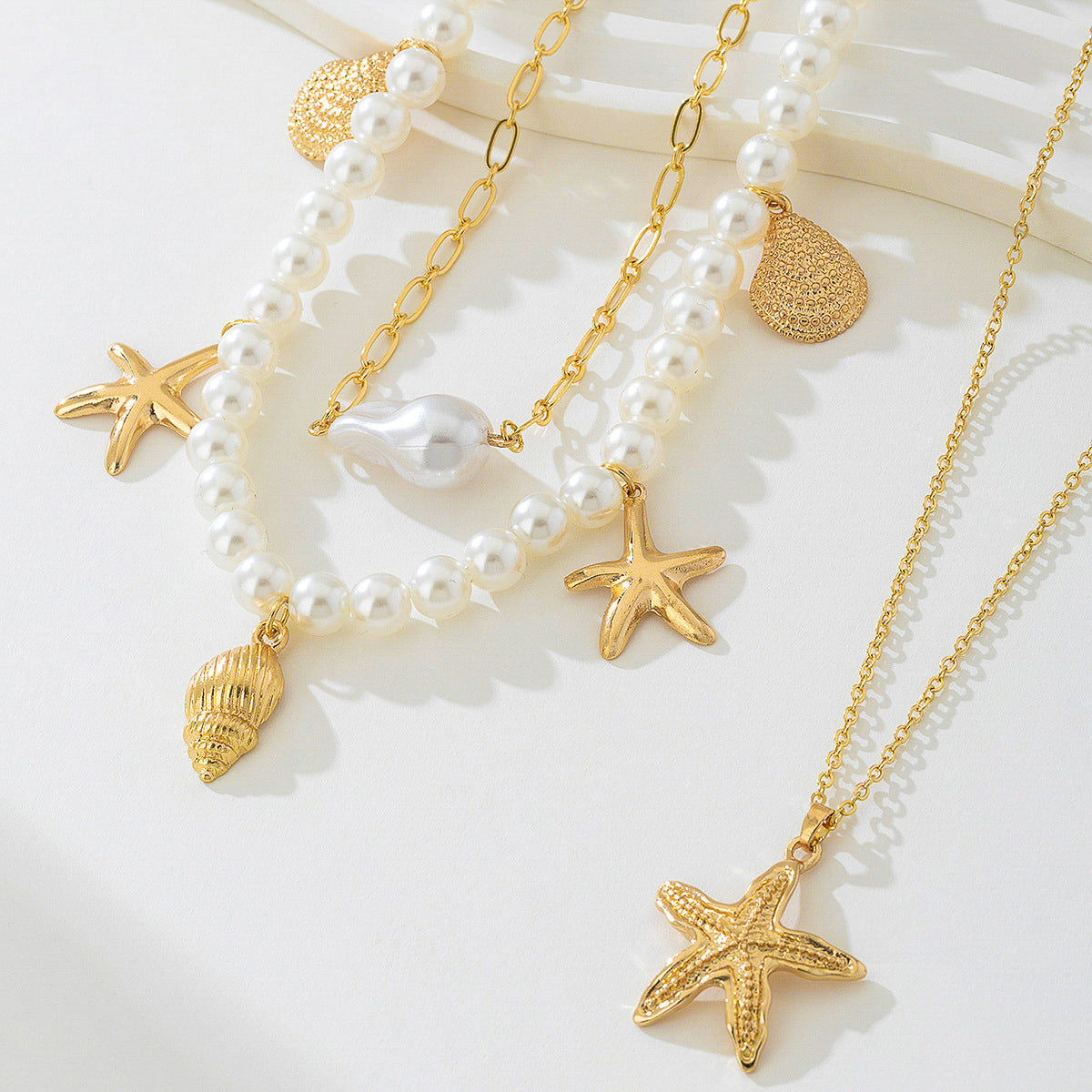 Beach Artificial Pearl Starfish Shell Necklace For Women Vintage Vacation Jewelry Zinc Alloy Beaded Necklace Vacation Accessories