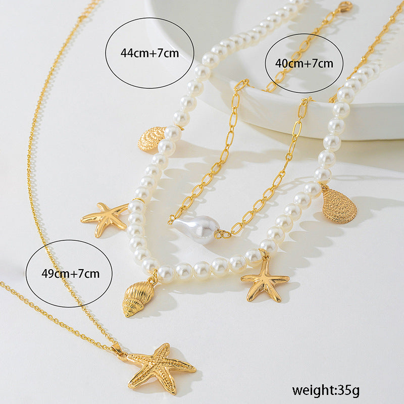 Beach Artificial Pearl Starfish Shell Necklace For Women Vintage Vacation Jewelry Zinc Alloy Beaded Necklace Vacation Accessories