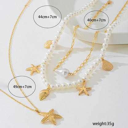 Beach Artificial Pearl Starfish Shell Necklace For Women Vintage Vacation Jewelry Zinc Alloy Beaded Necklace Vacation Accessories