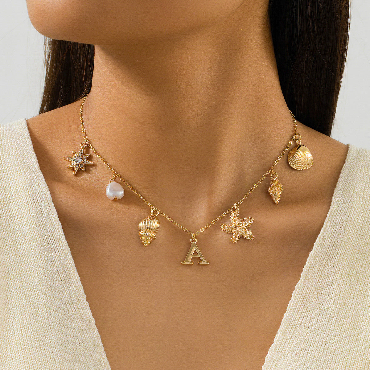 Beach Artificial Pearl Starfish Shell Necklace For Women Vintage Vacation Jewelry Zinc Alloy Beaded Necklace Vacation Accessories