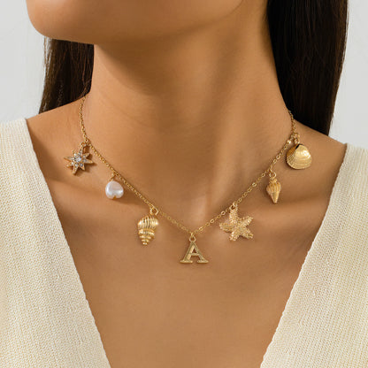 Beach Artificial Pearl Starfish Shell Necklace For Women Vintage Vacation Jewelry Zinc Alloy Beaded Necklace Vacation Accessories