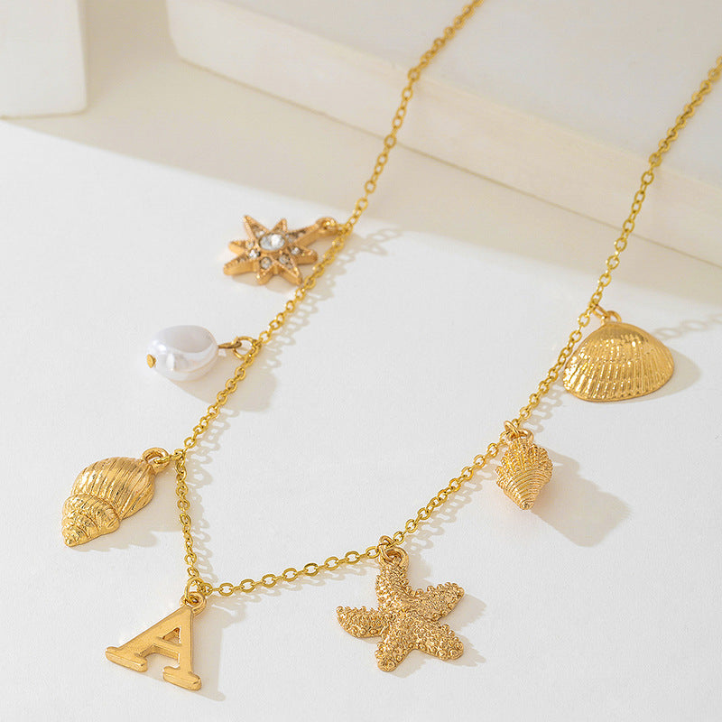 Beach Artificial Pearl Starfish Shell Necklace For Women Vintage Vacation Jewelry Zinc Alloy Beaded Necklace Vacation Accessories