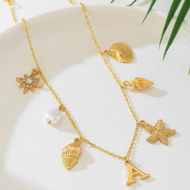 Beach Artificial Pearl Starfish Shell Necklace For Women Vintage Vacation Jewelry Zinc Alloy Beaded Necklace Vacation Accessories