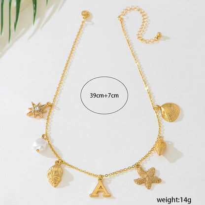 Beach Artificial Pearl Starfish Shell Necklace For Women Vintage Vacation Jewelry Zinc Alloy Beaded Necklace Vacation Accessories