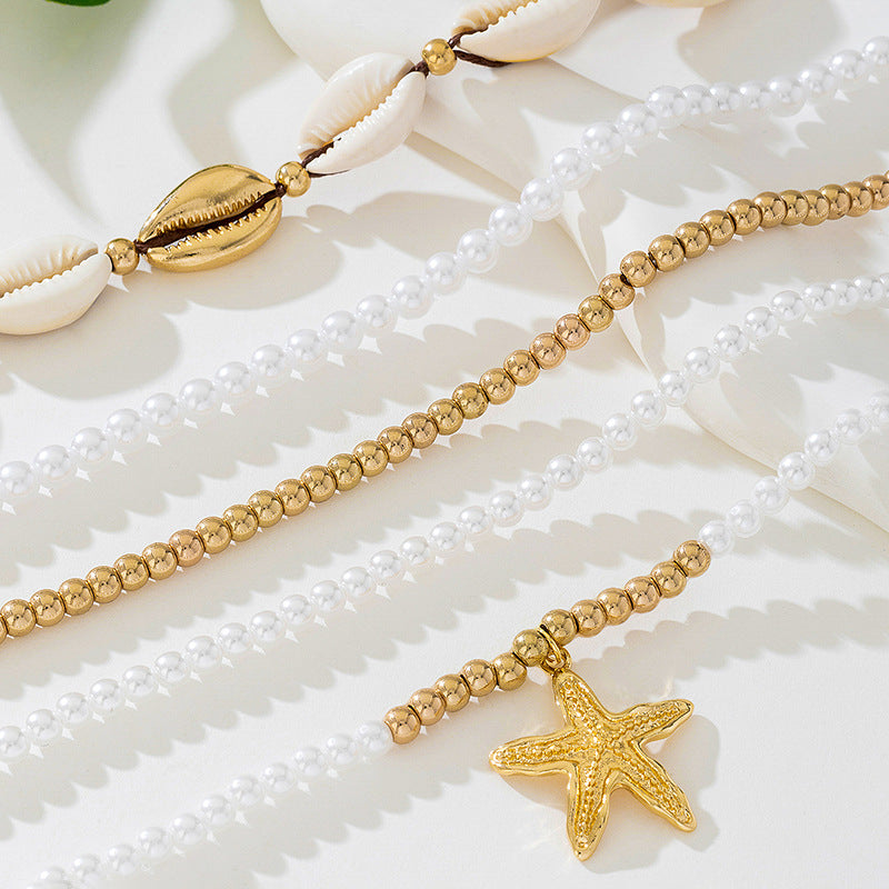 Beach Artificial Pearl Starfish Shell Necklace For Women Vintage Vacation Jewelry Zinc Alloy Beaded Necklace Vacation Accessories