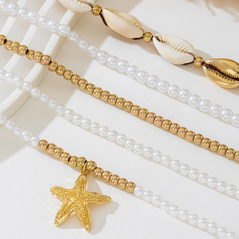Beach Artificial Pearl Starfish Shell Necklace For Women Vintage Vacation Jewelry Zinc Alloy Beaded Necklace Vacation Accessories