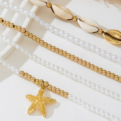 Beach Artificial Pearl Starfish Shell Necklace For Women Vintage Vacation Jewelry Zinc Alloy Beaded Necklace Vacation Accessories