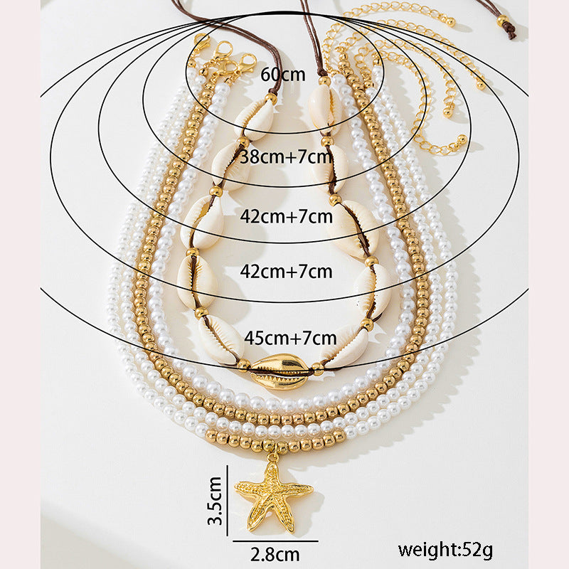 Beach Artificial Pearl Starfish Shell Necklace For Women Vintage Vacation Jewelry Zinc Alloy Beaded Necklace Vacation Accessories