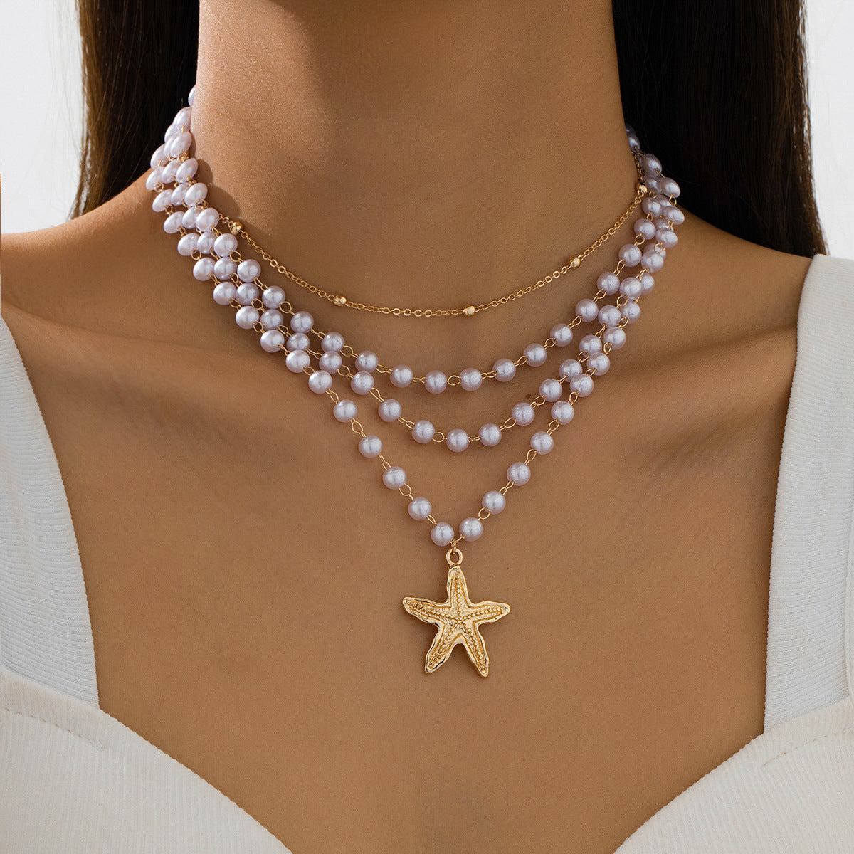 Beach Artificial Pearl Starfish Shell Necklace For Women Vintage Vacation Jewelry Zinc Alloy Beaded Necklace Vacation Accessories