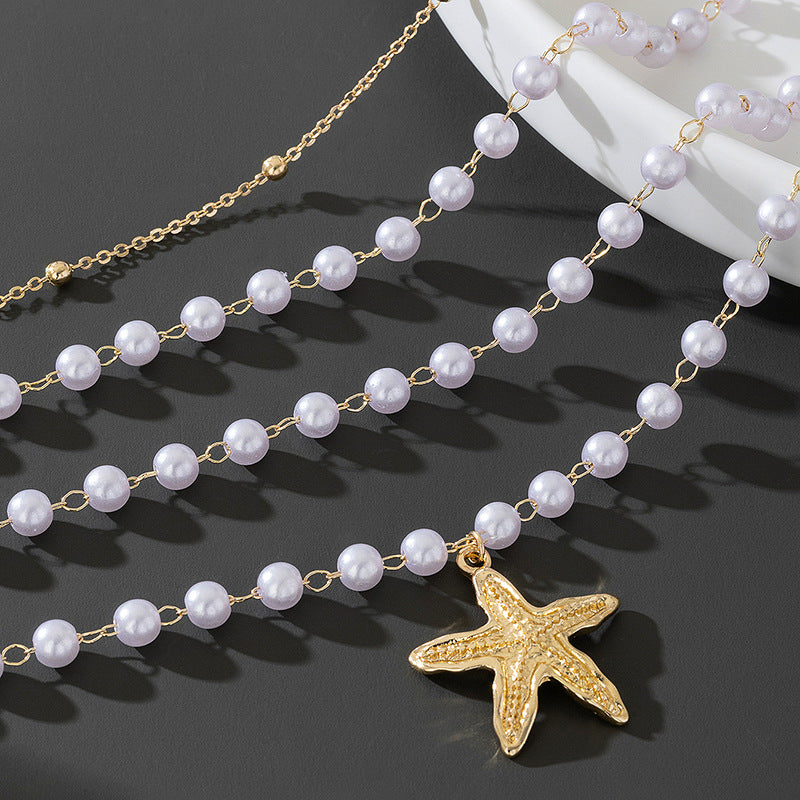 Beach Artificial Pearl Starfish Shell Necklace For Women Vintage Vacation Jewelry Zinc Alloy Beaded Necklace Vacation Accessories