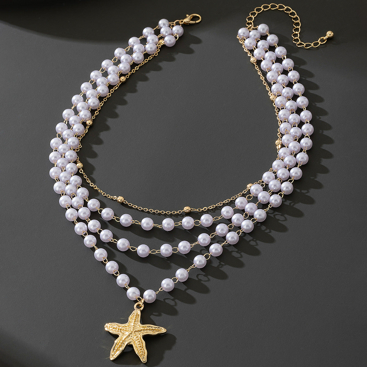 Beach Artificial Pearl Starfish Shell Necklace For Women Vintage Vacation Jewelry Zinc Alloy Beaded Necklace Vacation Accessories