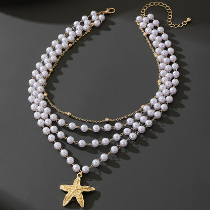 Beach Artificial Pearl Starfish Shell Necklace For Women Vintage Vacation Jewelry Zinc Alloy Beaded Necklace Vacation Accessories