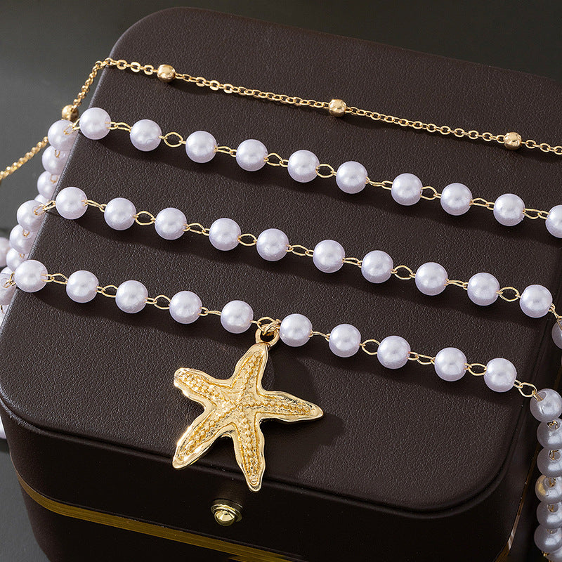 Beach Artificial Pearl Starfish Shell Necklace For Women Vintage Vacation Jewelry Zinc Alloy Beaded Necklace Vacation Accessories