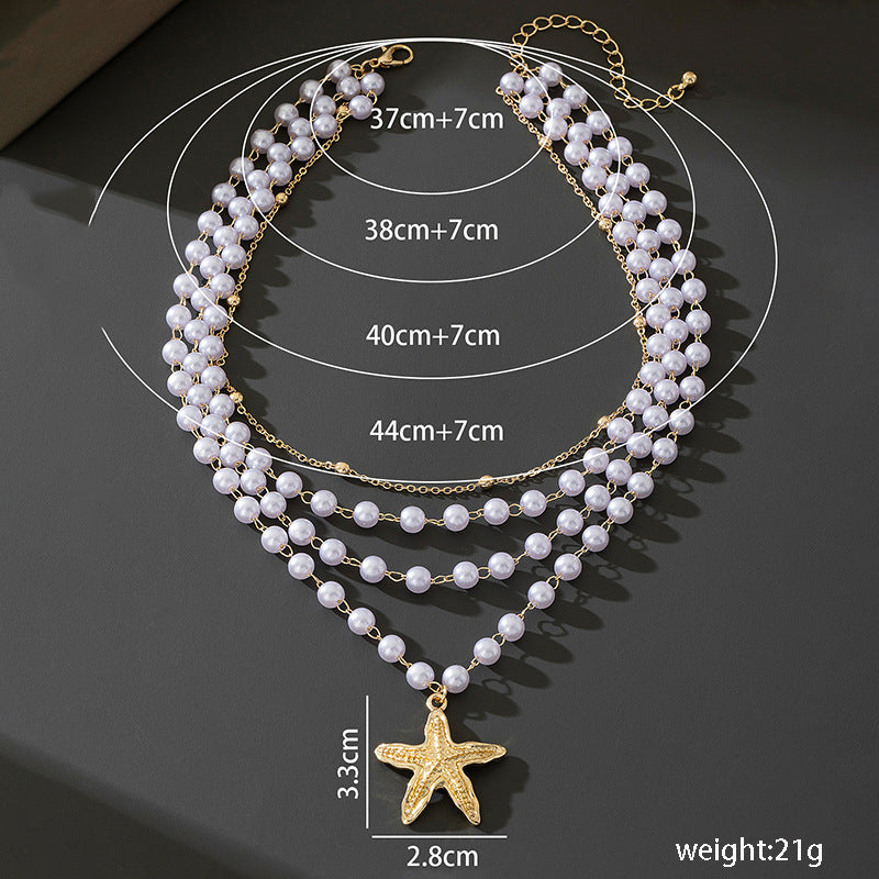 Beach Artificial Pearl Starfish Shell Necklace For Women Vintage Vacation Jewelry Zinc Alloy Beaded Necklace Vacation Accessories