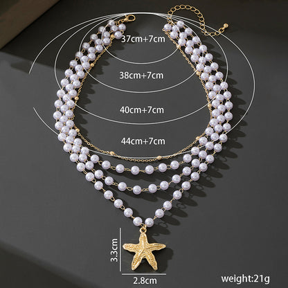 Beach Artificial Pearl Starfish Shell Necklace For Women Vintage Vacation Jewelry Zinc Alloy Beaded Necklace Vacation Accessories