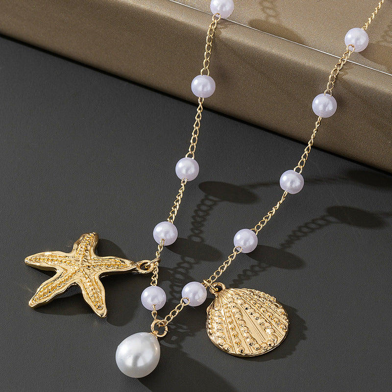 Beach Artificial Pearl Starfish Shell Necklace For Women Vintage Vacation Jewelry Zinc Alloy Beaded Necklace Vacation Accessories
