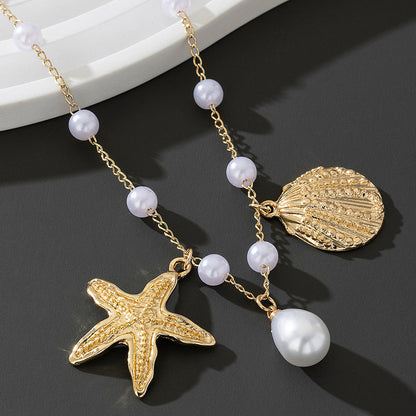 Beach Artificial Pearl Starfish Shell Necklace For Women Vintage Vacation Jewelry Zinc Alloy Beaded Necklace Vacation Accessories