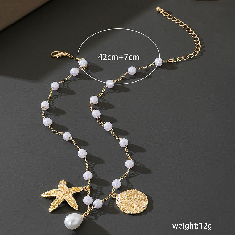 Beach Artificial Pearl Starfish Shell Necklace For Women Vintage Vacation Jewelry Zinc Alloy Beaded Necklace Vacation Accessories