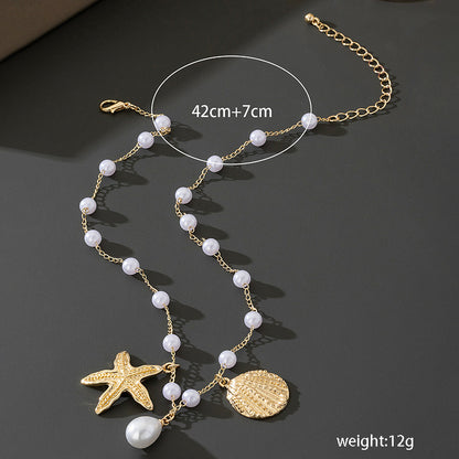 Beach Artificial Pearl Starfish Shell Necklace For Women Vintage Vacation Jewelry Zinc Alloy Beaded Necklace Vacation Accessories