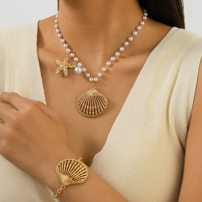 Beach Artificial Pearl Starfish Shell Necklace For Women Vintage Vacation Jewelry Zinc Alloy Beaded Necklace Vacation Accessories