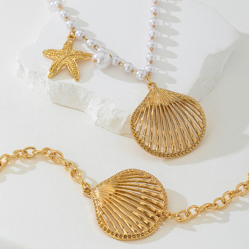 Beach Artificial Pearl Starfish Shell Necklace For Women Vintage Vacation Jewelry Zinc Alloy Beaded Necklace Vacation Accessories