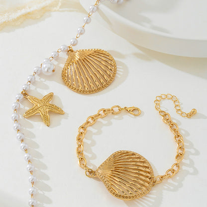 Beach Artificial Pearl Starfish Shell Necklace For Women Vintage Vacation Jewelry Zinc Alloy Beaded Necklace Vacation Accessories
