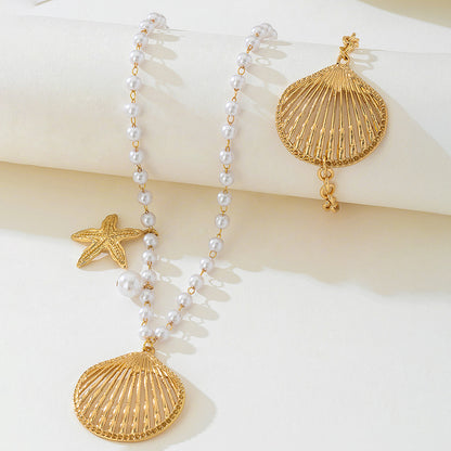 Beach Artificial Pearl Starfish Shell Necklace For Women Vintage Vacation Jewelry Zinc Alloy Beaded Necklace Vacation Accessories