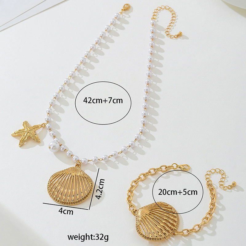 Beach Artificial Pearl Starfish Shell Necklace For Women Vintage Vacation Jewelry Zinc Alloy Beaded Necklace Vacation Accessories