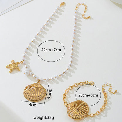 Beach Artificial Pearl Starfish Shell Necklace For Women Vintage Vacation Jewelry Zinc Alloy Beaded Necklace Vacation Accessories