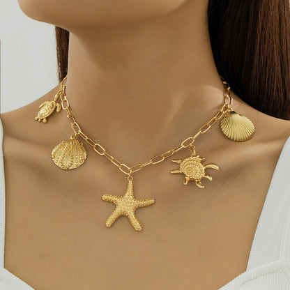 Beach Artificial Pearl Starfish Shell Necklace For Women Vintage Vacation Jewelry Zinc Alloy Beaded Necklace Vacation Accessories