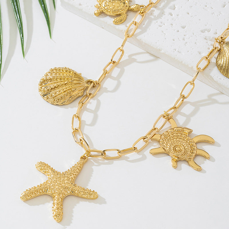 Beach Artificial Pearl Starfish Shell Necklace For Women Vintage Vacation Jewelry Zinc Alloy Beaded Necklace Vacation Accessories