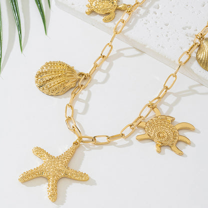 Beach Artificial Pearl Starfish Shell Necklace For Women Vintage Vacation Jewelry Zinc Alloy Beaded Necklace Vacation Accessories