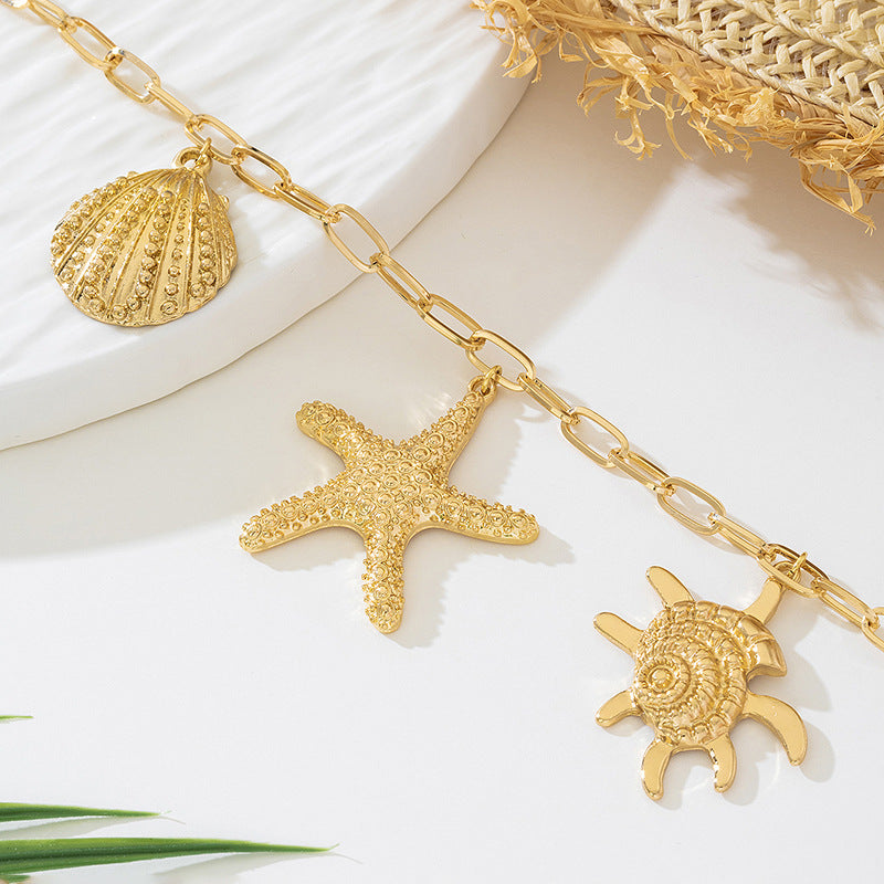 Beach Artificial Pearl Starfish Shell Necklace For Women Vintage Vacation Jewelry Zinc Alloy Beaded Necklace Vacation Accessories