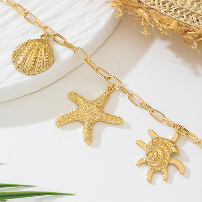 Beach Artificial Pearl Starfish Shell Necklace For Women Vintage Vacation Jewelry Zinc Alloy Beaded Necklace Vacation Accessories