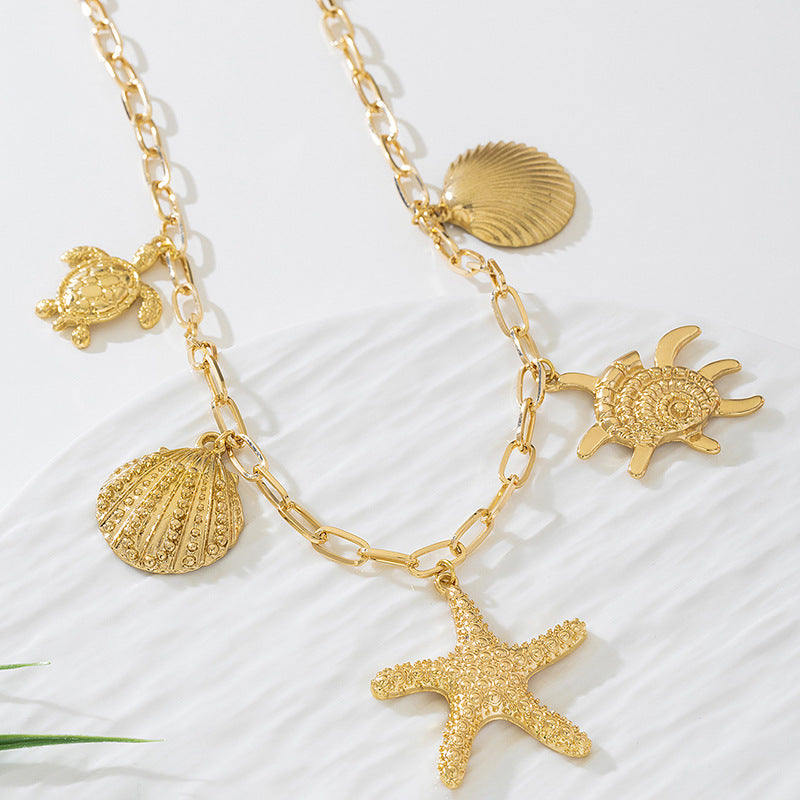 Beach Artificial Pearl Starfish Shell Necklace For Women Vintage Vacation Jewelry Zinc Alloy Beaded Necklace Vacation Accessories