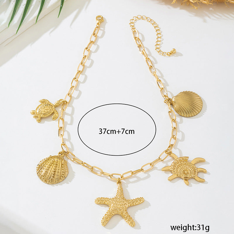 Beach Artificial Pearl Starfish Shell Necklace For Women Vintage Vacation Jewelry Zinc Alloy Beaded Necklace Vacation Accessories