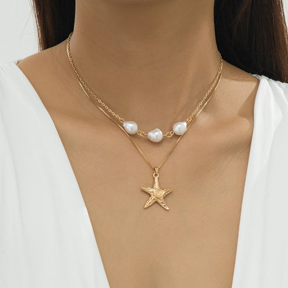 Beach Artificial Pearl Starfish Shell Necklace For Women Vintage Vacation Jewelry Zinc Alloy Beaded Necklace Vacation Accessories