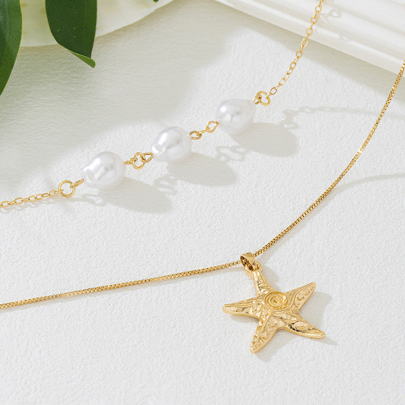 Beach Artificial Pearl Starfish Shell Necklace For Women Vintage Vacation Jewelry Zinc Alloy Beaded Necklace Vacation Accessories