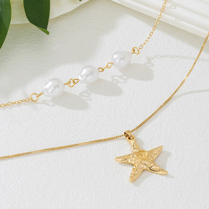 Beach Artificial Pearl Starfish Shell Necklace For Women Vintage Vacation Jewelry Zinc Alloy Beaded Necklace Vacation Accessories