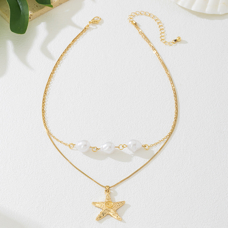 Beach Artificial Pearl Starfish Shell Necklace For Women Vintage Vacation Jewelry Zinc Alloy Beaded Necklace Vacation Accessories