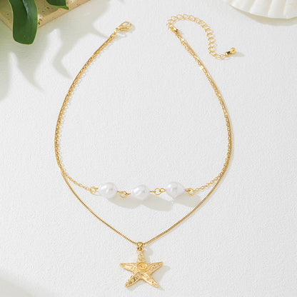 Beach Artificial Pearl Starfish Shell Necklace For Women Vintage Vacation Jewelry Zinc Alloy Beaded Necklace Vacation Accessories