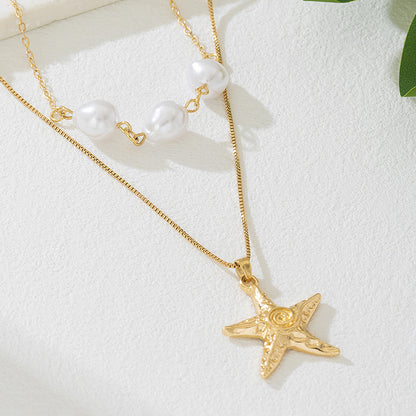 Beach Artificial Pearl Starfish Shell Necklace For Women Vintage Vacation Jewelry Zinc Alloy Beaded Necklace Vacation Accessories