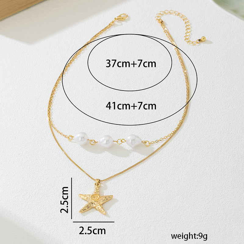 Beach Artificial Pearl Starfish Shell Necklace For Women Vintage Vacation Jewelry Zinc Alloy Beaded Necklace Vacation Accessories