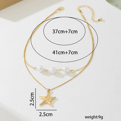 Beach Artificial Pearl Starfish Shell Necklace For Women Vintage Vacation Jewelry Zinc Alloy Beaded Necklace Vacation Accessories