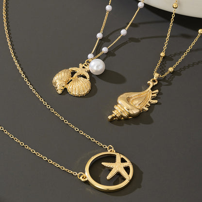 Beach Artificial Pearl Starfish Shell Necklace For Women Vintage Vacation Jewelry Zinc Alloy Beaded Necklace Vacation Accessories