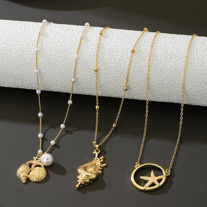 Beach Artificial Pearl Starfish Shell Necklace For Women Vintage Vacation Jewelry Zinc Alloy Beaded Necklace Vacation Accessories